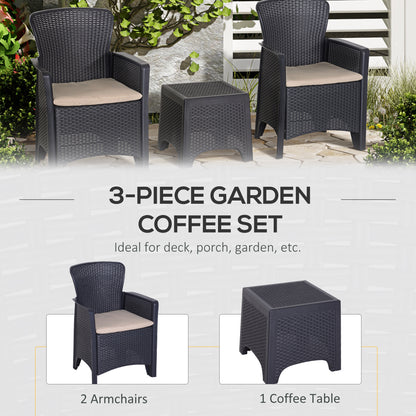 3-PCS Ergonomic Garden Coffee Set Bistro Set Rattan Chair with Coffee Table PP Polyester Cushion High Load Patio Lawn Garden Balcony