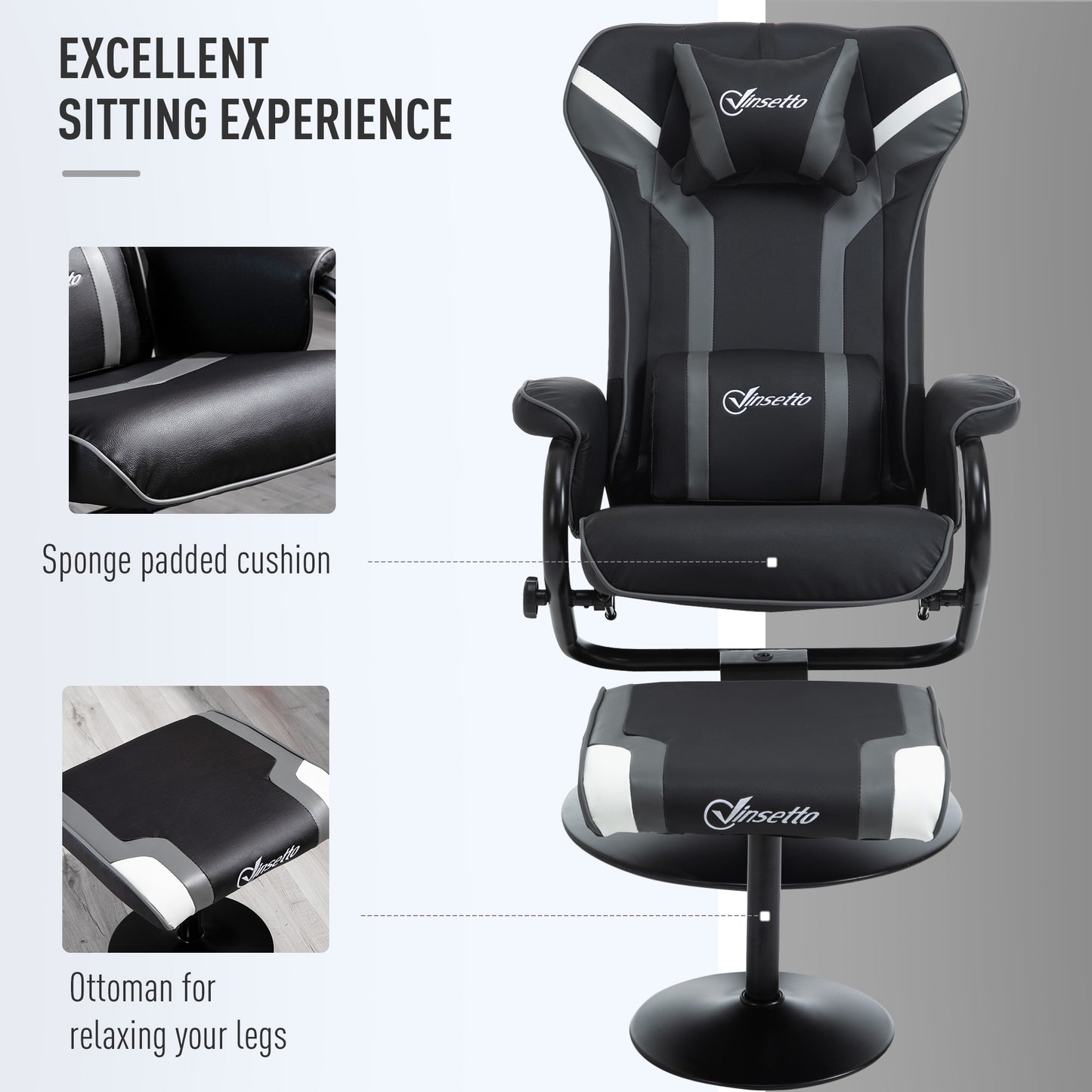 Gamer Recliner Chair with Footrest, Headrest, Lumbar Support Reeling Backrest Black Deep Grey