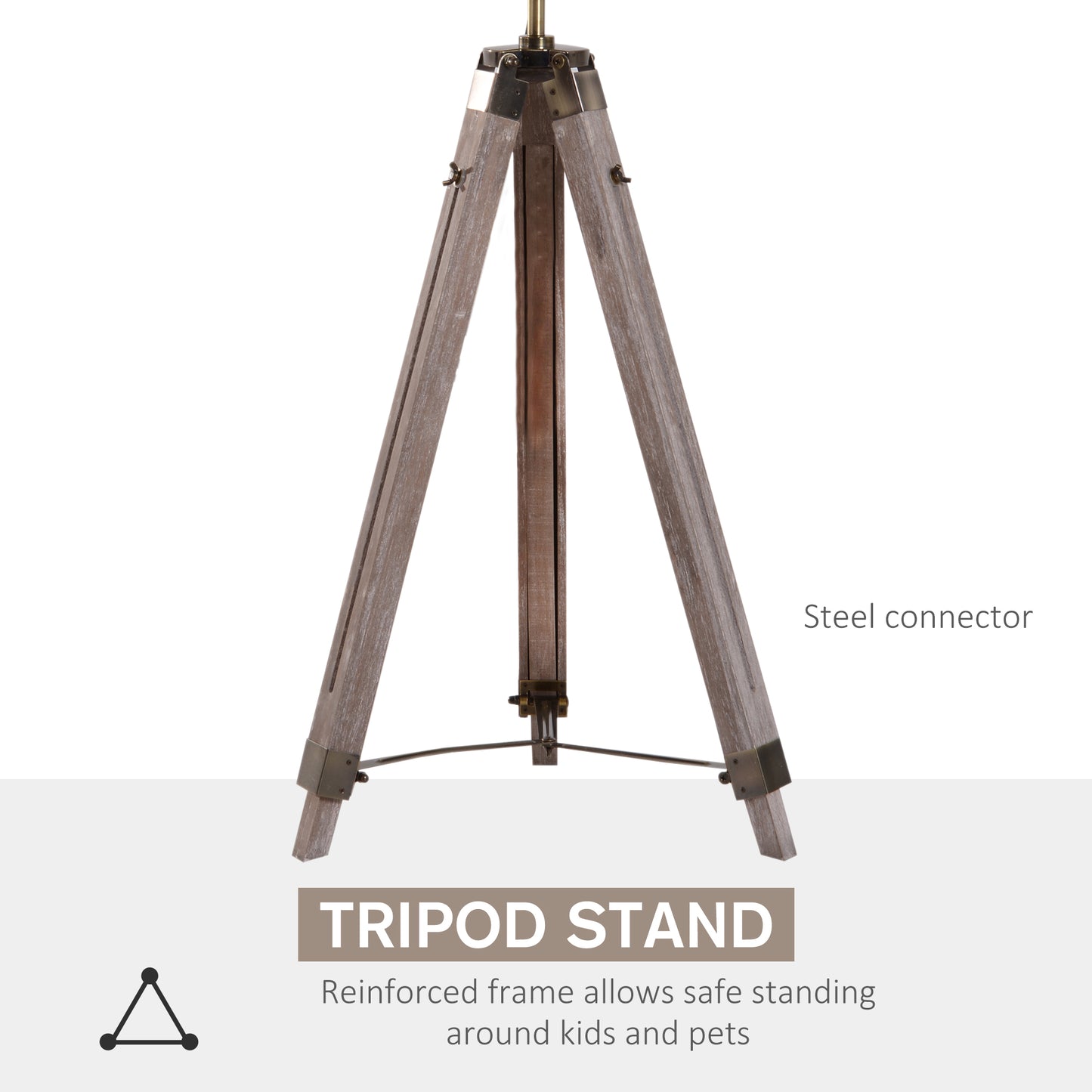 Floor Spotlight, Tripod Floor Lamp, Pine Dark Wood, Retro Photography Style Lamp Head Copper Finished Shade Home