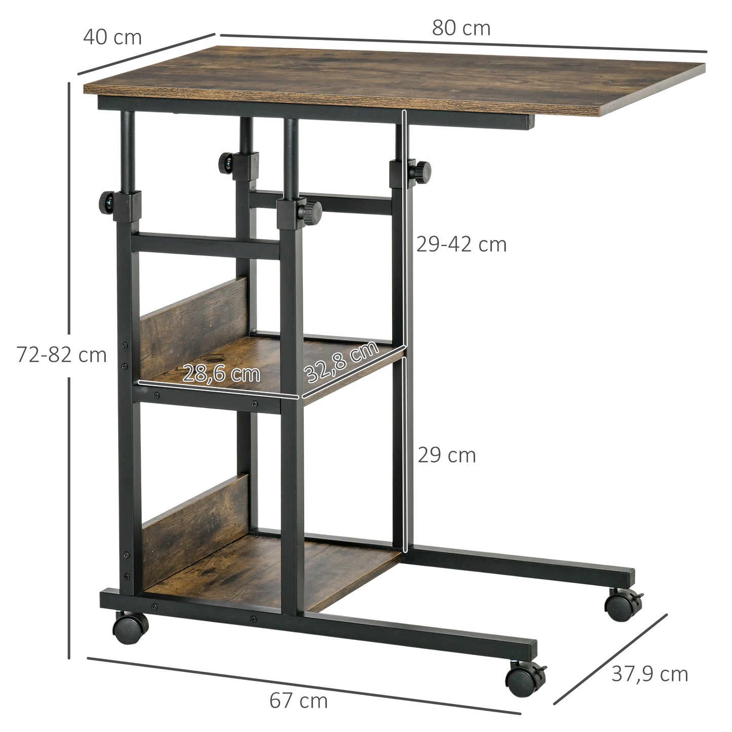 Industrial C-Shaped Side Table, Mobile Rolling Sofa Side Table with 3-Tier Storage Shelving, Adjustable Height, Wheels