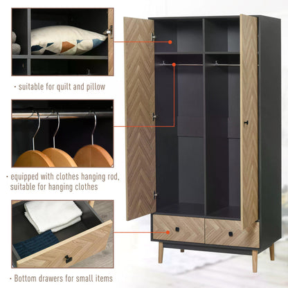 Cloth Wardrobe, Wood Grain Sticker Surface with Shelf, Hanging Rod and 2 Drawers 90x50x190cm