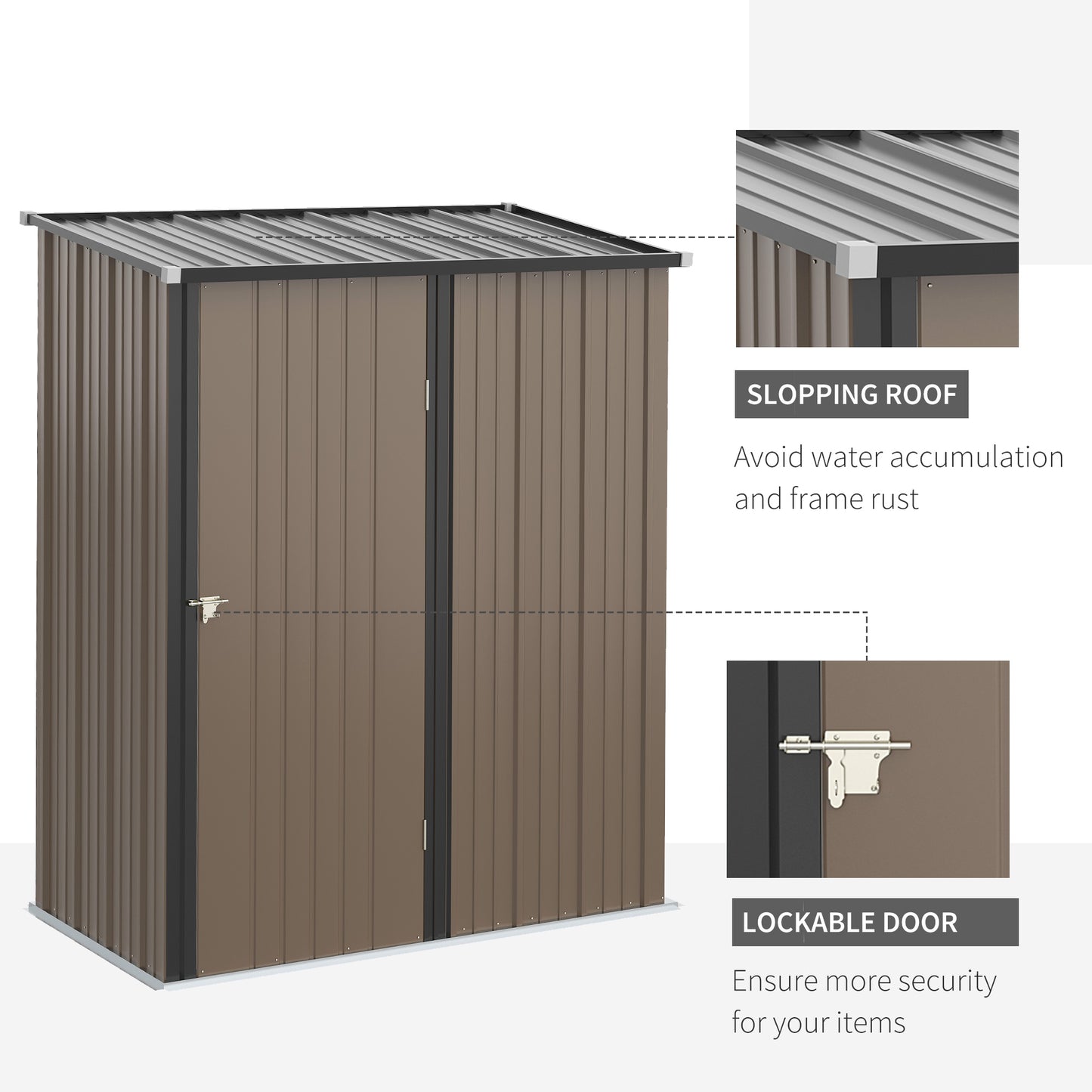 5.3ft× 3.1ft Outdoor Storage Shed, Steel Garden Shed w/ Single Lockable Door, Tool Storage Shed Brown