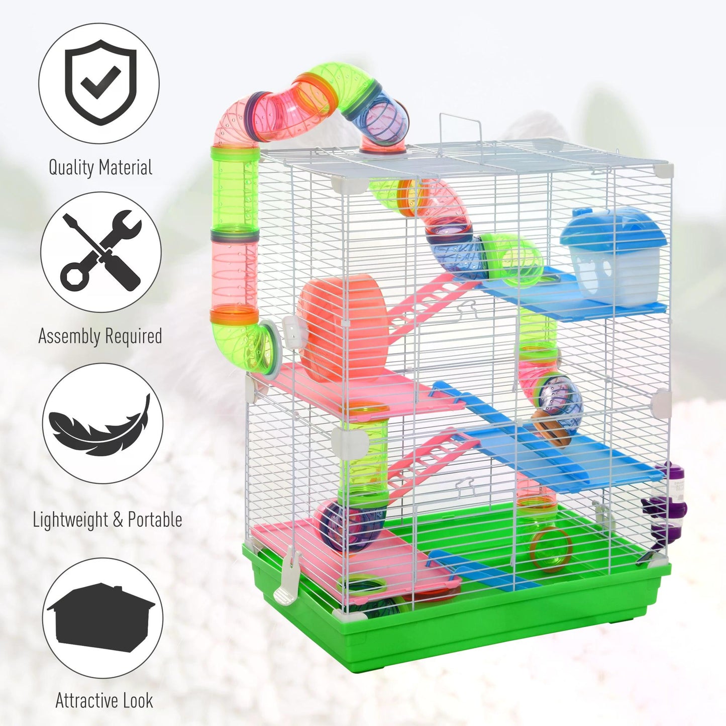 Hamster Cage Carrier 5 Tier Habitat Small Animal House w/Exercise Wheels Tunnel Tube Water Bottle House