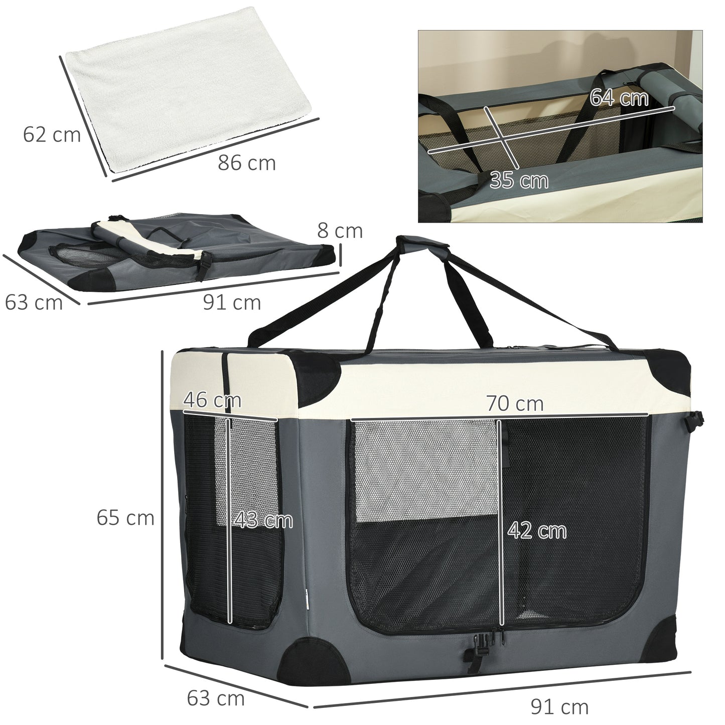 Large Medium Dog Crate Dog Carrier Dog Travel Crate Folding Fabric Soft 91Lx63Wx65Hcm-Grey