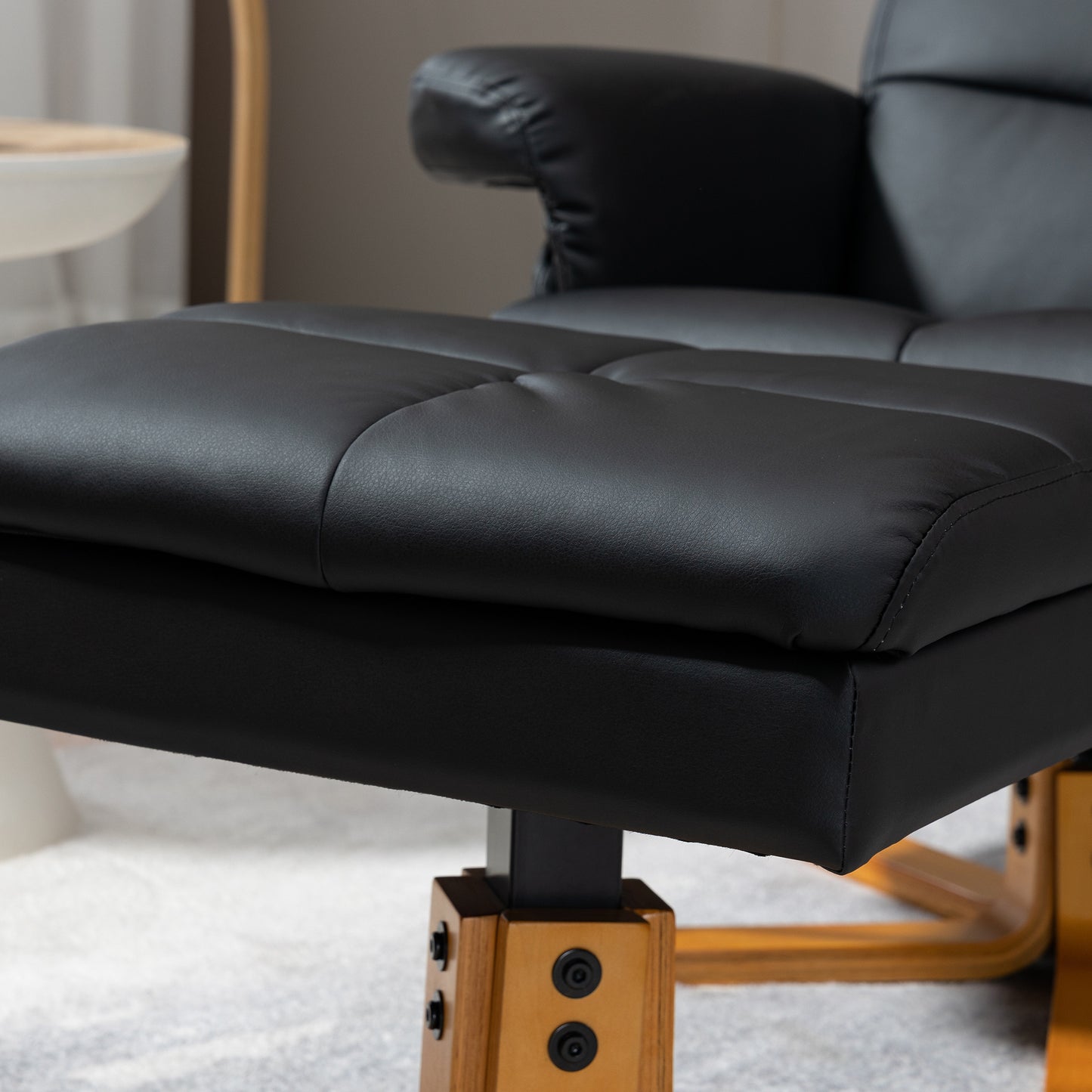 Faux Leather Swivel Recliner Chair with Footstool, Wooden Base and Storage for Living Room, Black