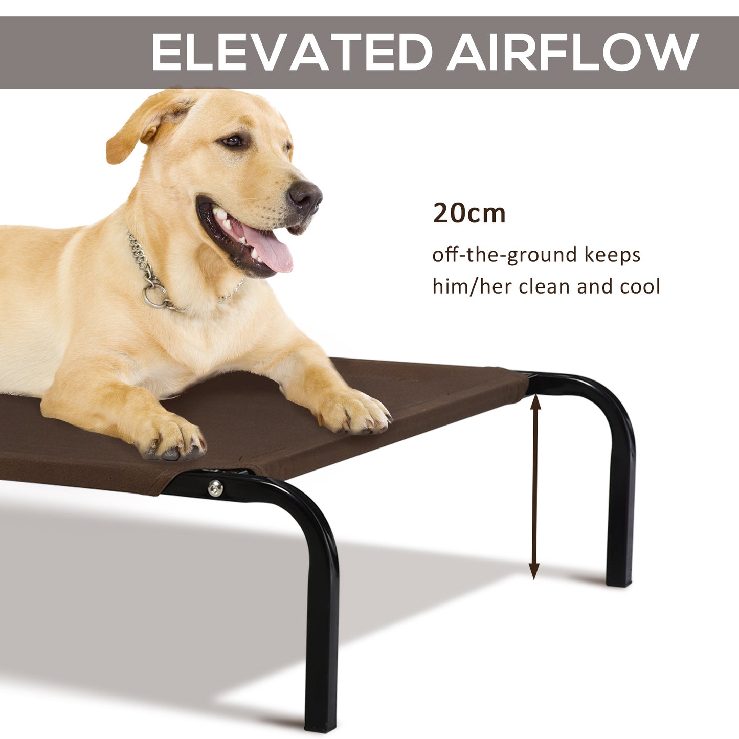 Elevated Pet Bed, Outside Dog Bed with No-Slip Feet, Metal, Portable Dog Cot for Extra Large Sized Dogs, Brown, 130 x 80 x 20cm