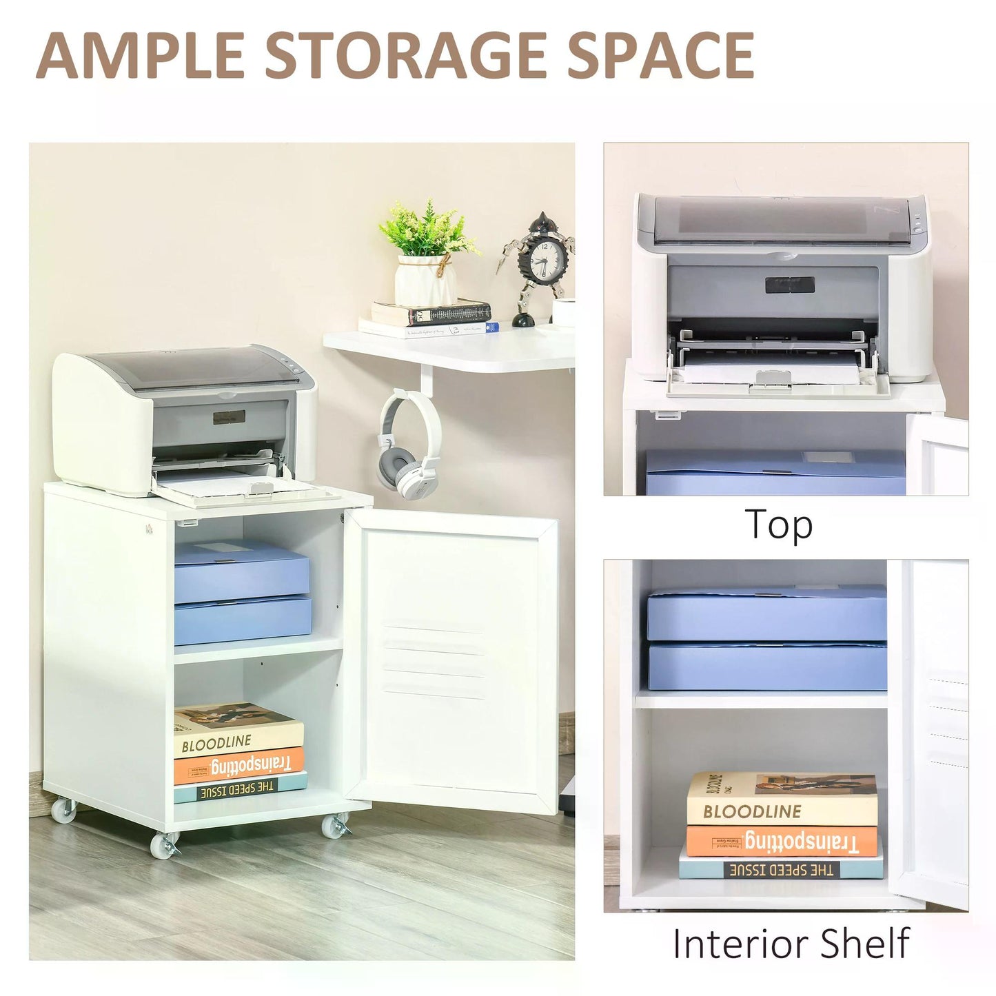 Filing Storage, White Filing Cabinet, File Cabinet, with Adjustable Shelf, Wheels & Metal Door for Home Office, Living Room