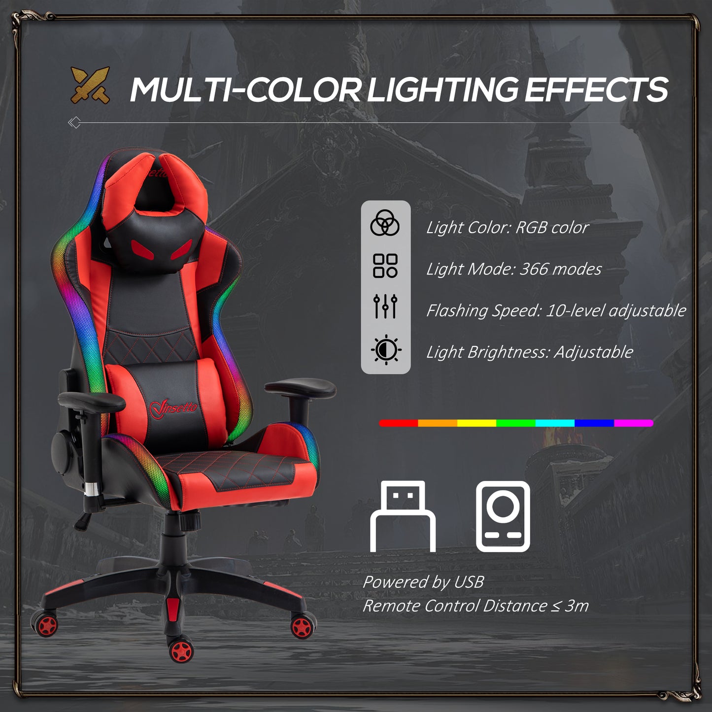 Reclining Gaming Chair with LED Lights, Ergonomic, Lumbar Support, Adjustable Armrest,