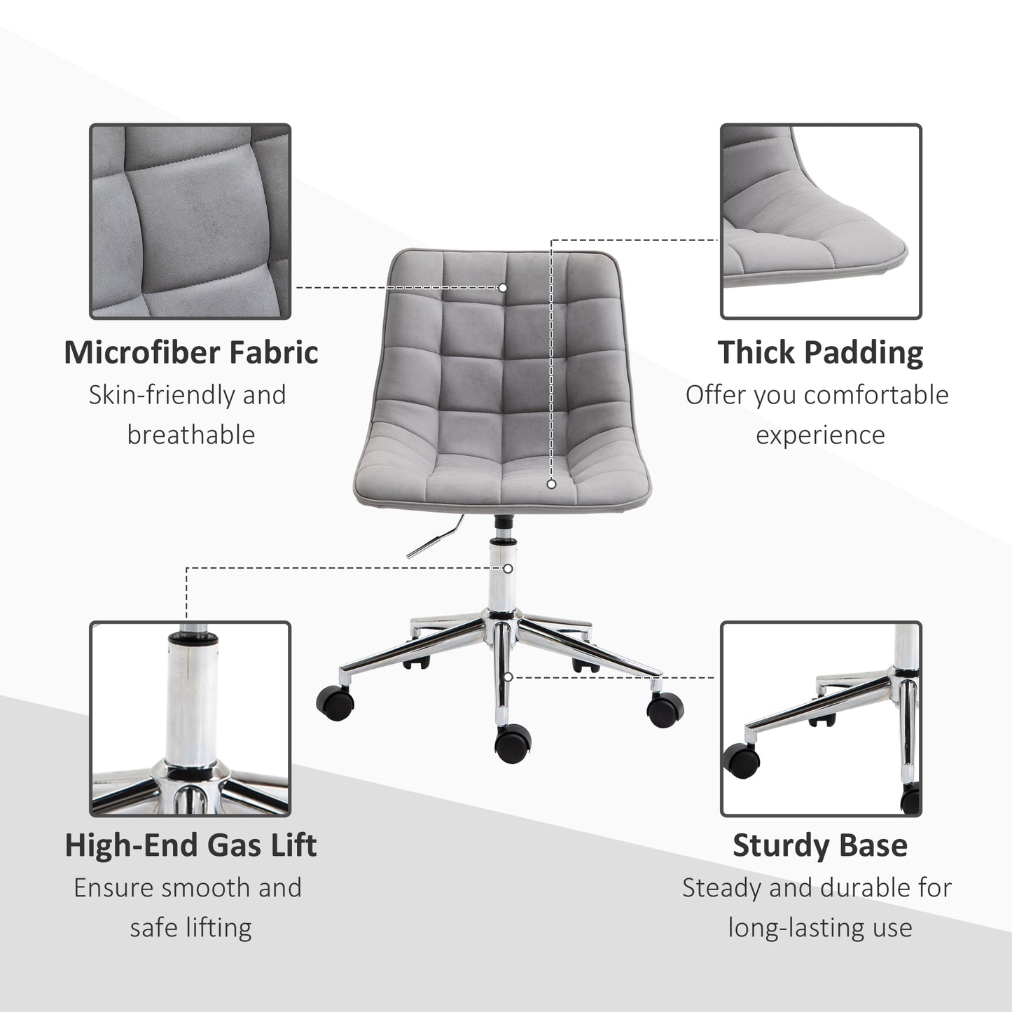 Armless Office Task Chair, with Adjustable Height Soft Breathable Fabric 360° Casters, Grey