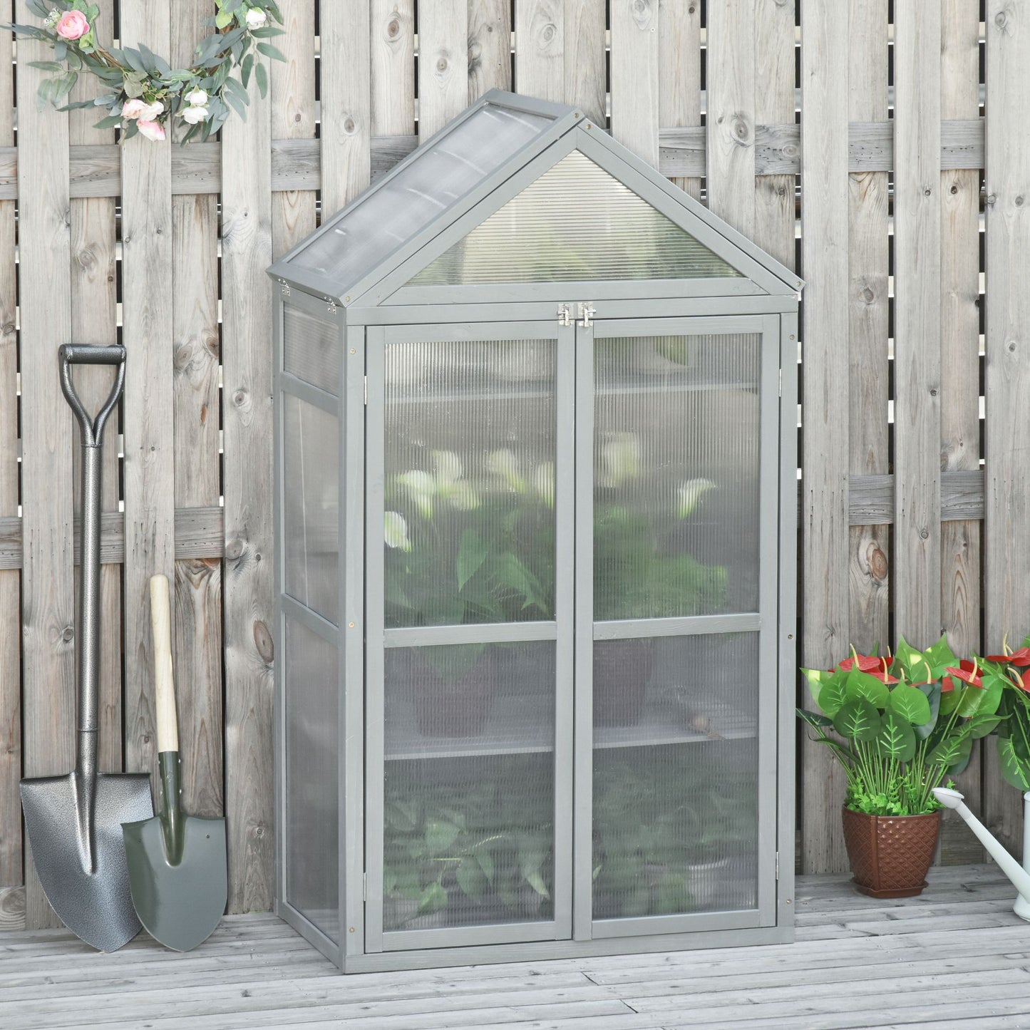 Outsunny Garden Polycarbonate Cold Frame Greenhouse Grow House Flower Vegetable Plants w/ Adjustable Shelves, Double Doors Grey