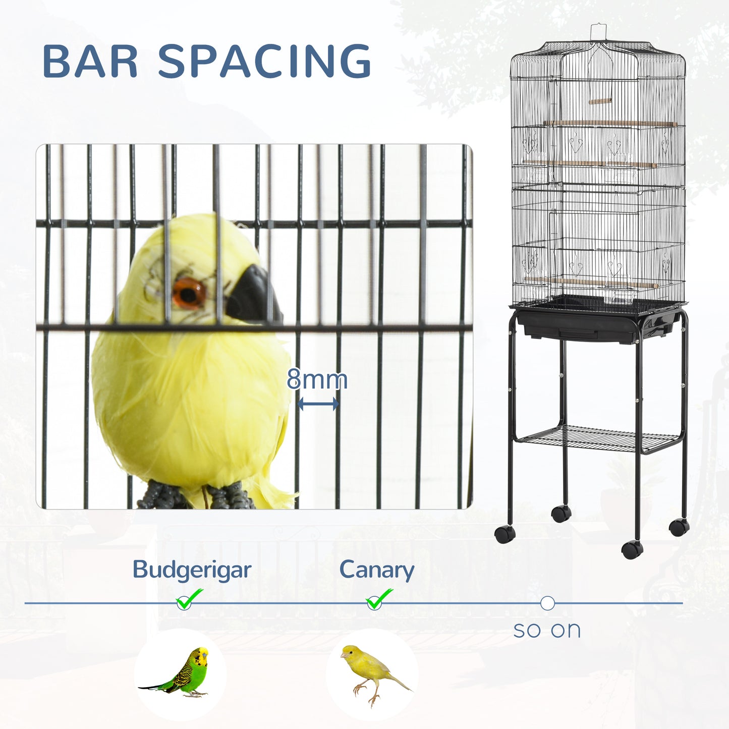 Bird Cage Budgie Cages for Finch Canary Parakeet w/ Stand Wheels Slide-out Tray Storage Shelf Black 36 x 46.5 x 157 cm