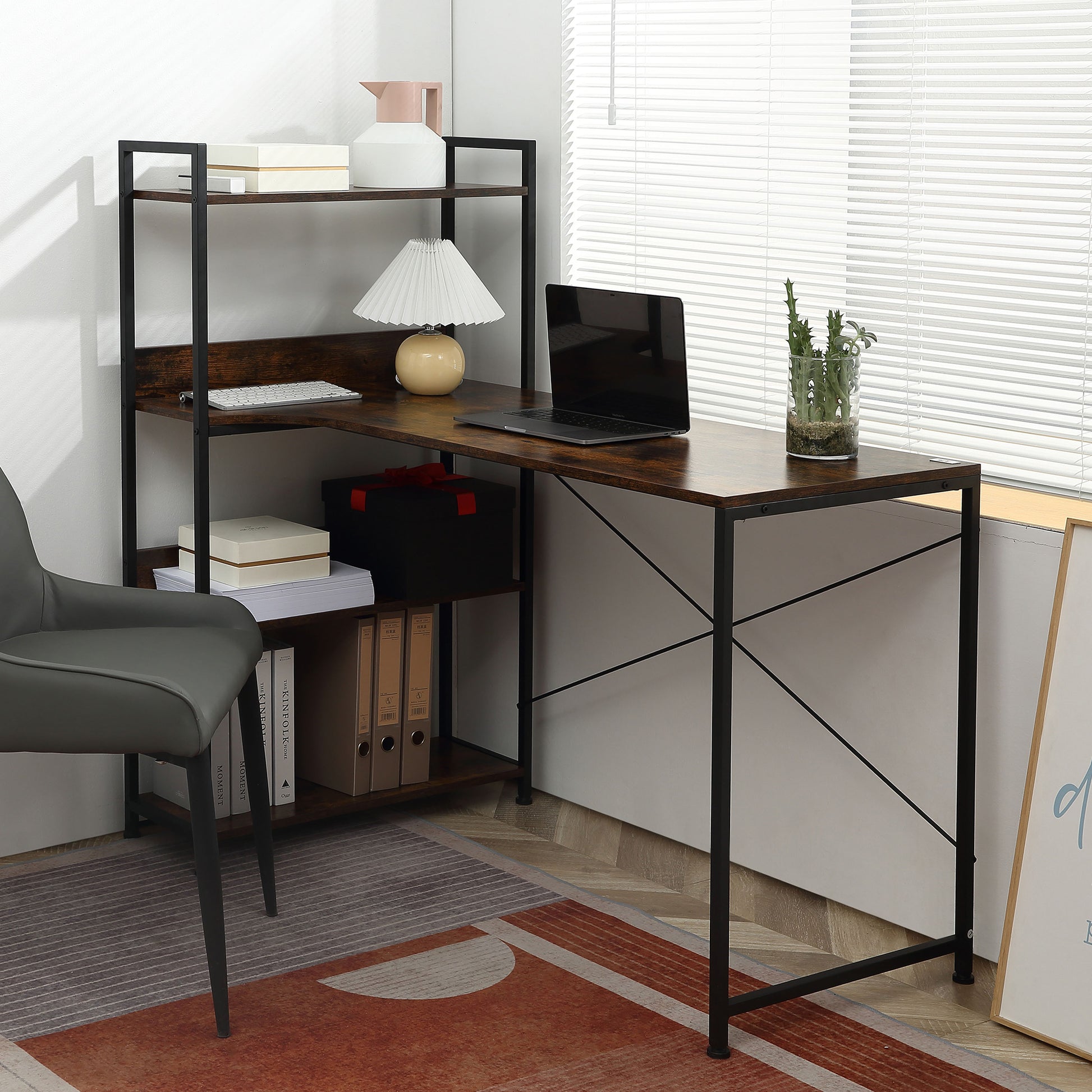 HOMCOM L Shaped Desk with Storage, w/4-Tier Storage Shelf Metal Frame 