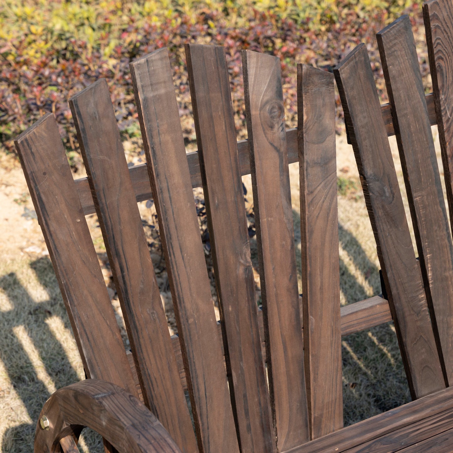 Comfortable Fir Logs Love Chair with Wheel-Shaped Armrests, Outdoor Wooden Loveseats, Carbonized color