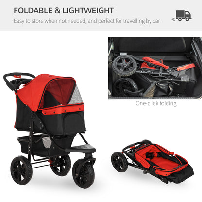 Folding Pet Stroller 3 Wheel Dog Jogger Travel Carrier Adjustable Canopy Storage Brake Mesh Window for Small Medium Dog Cat Red