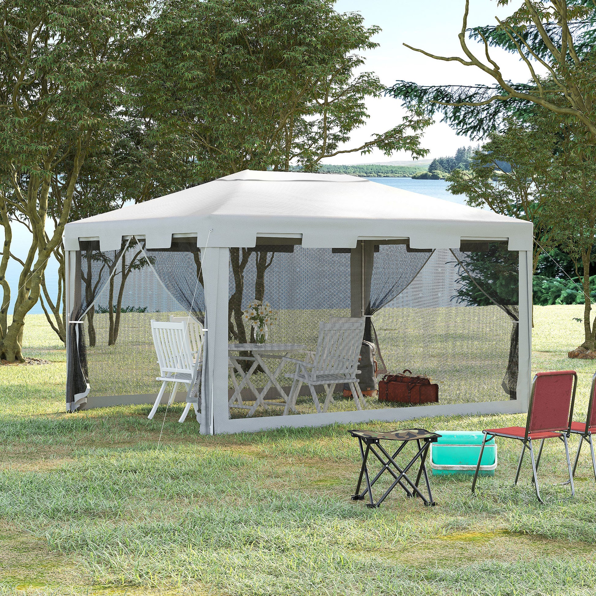 Outsunny 4x3 m Waterproof Gazebo W/Mesh Sides-White/Black