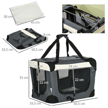 Cat Carrier Bag, Dog Carrier, Dog Travel Crate, Folding, w/ Soft Cushion Mesh Window Fabric 50.5Lx33.5Wx35Hcm- Grey