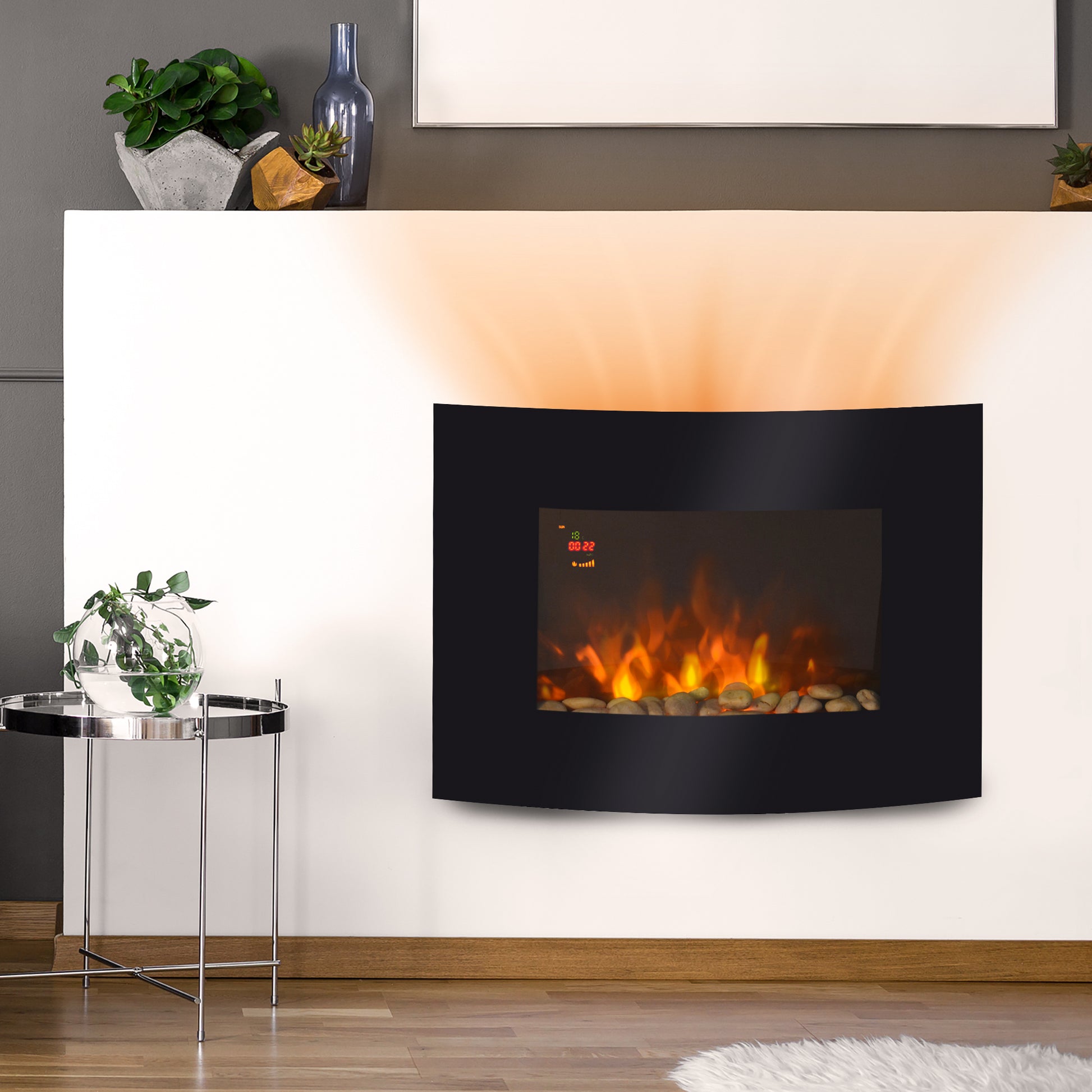 HOMCOM LED Curved Glass Electric Fireplace Heater Wall Mounted Fire Place, 900/1800W