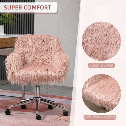 Faux Fur Desk Chair, Swivel Vanity Chair with Adjustable Height and Wheels for Office, Bedroom, Pink