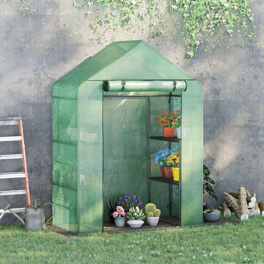 Outsunny Walk In Greenhouse for Outdoor Portable Gardening Plant Grow House W/ 2 Tier Shelf Roll-Up Zippered Door PE Cover Green 