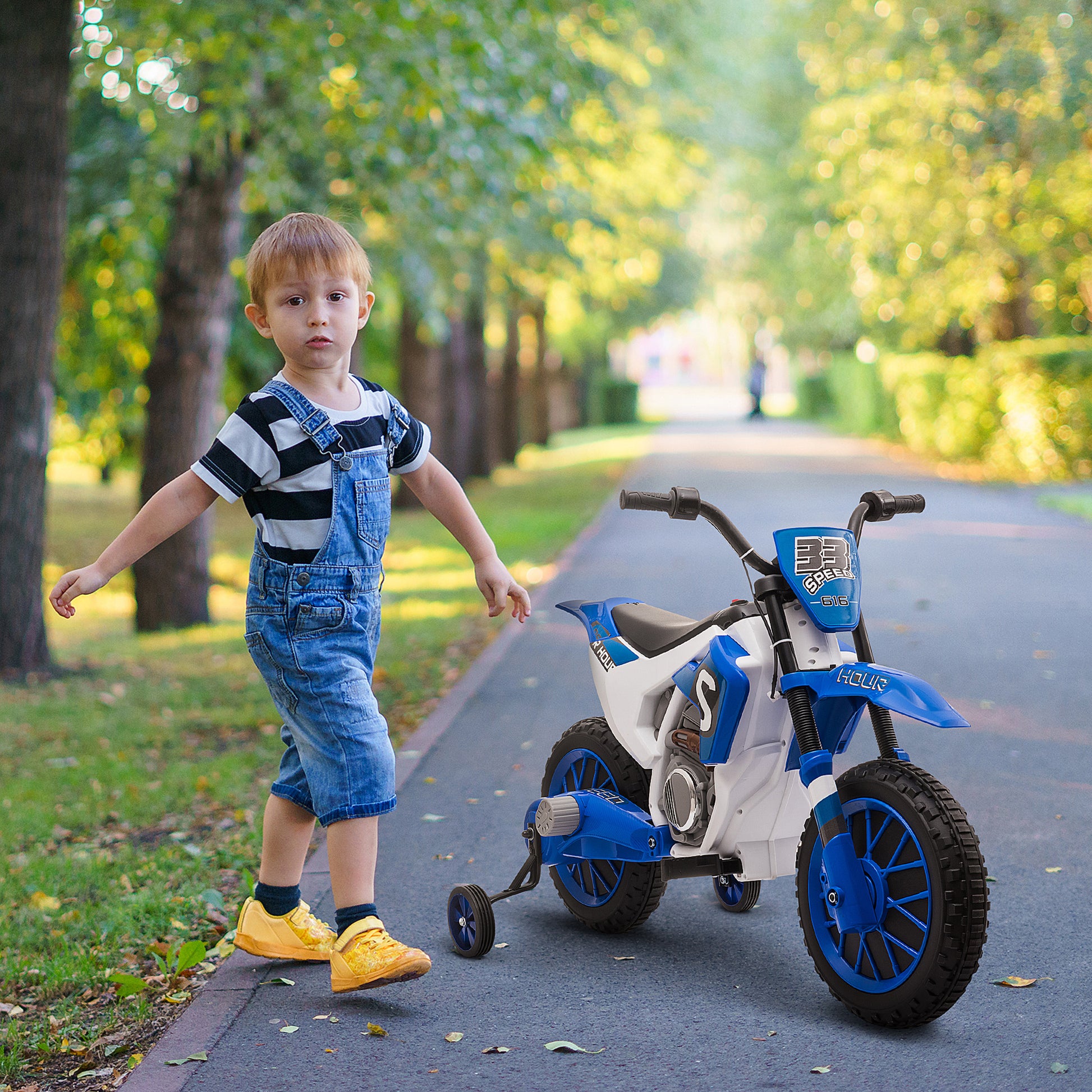 HOMCOM 12V Childs Ride on Motorbike, with Training Wheels, for Ages 3-5 Years - Blue  