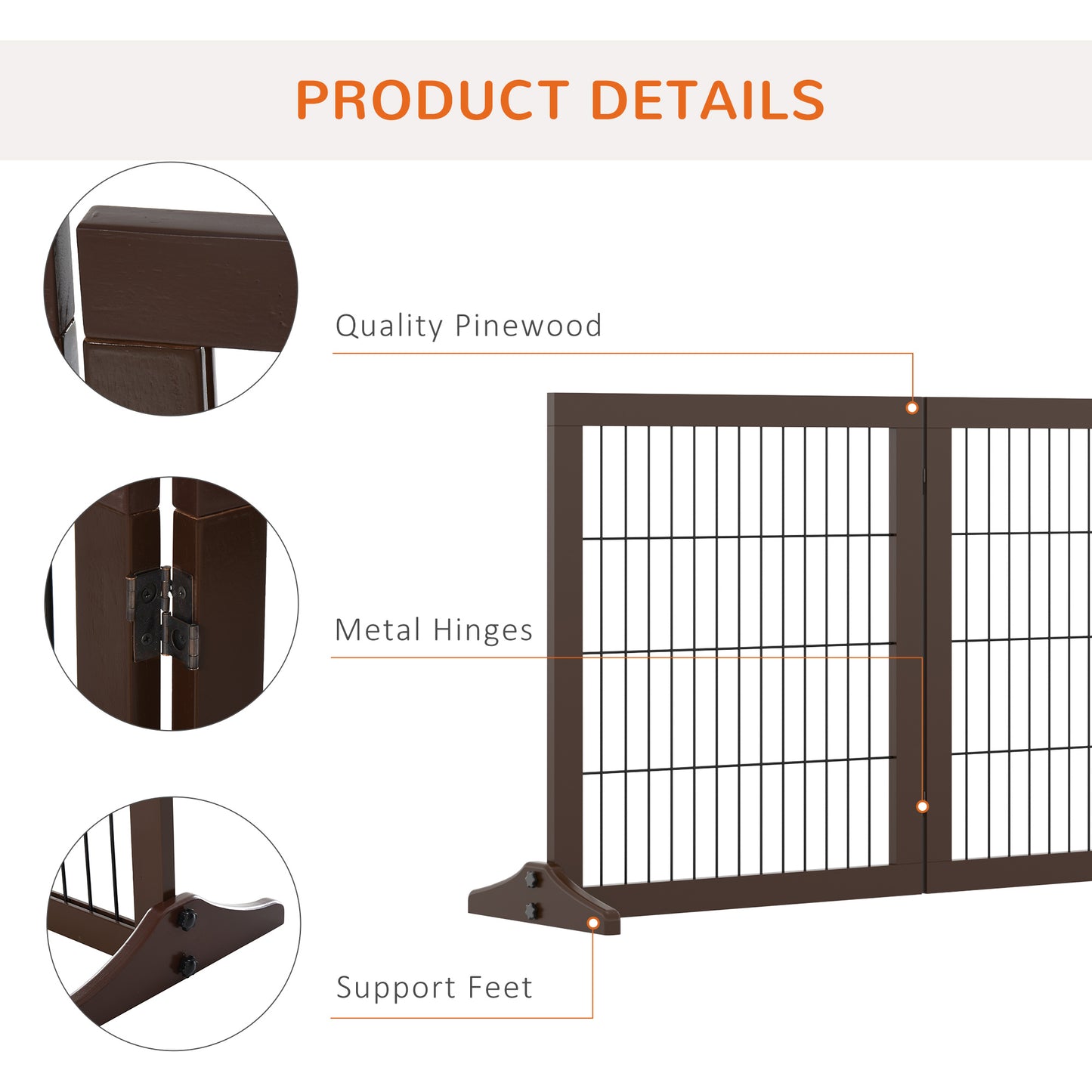 Dog Safety Gate, 3 Panel, Pine Frame Indoor Foldable Dog Barrier w/Supporting Foot Dividing Line