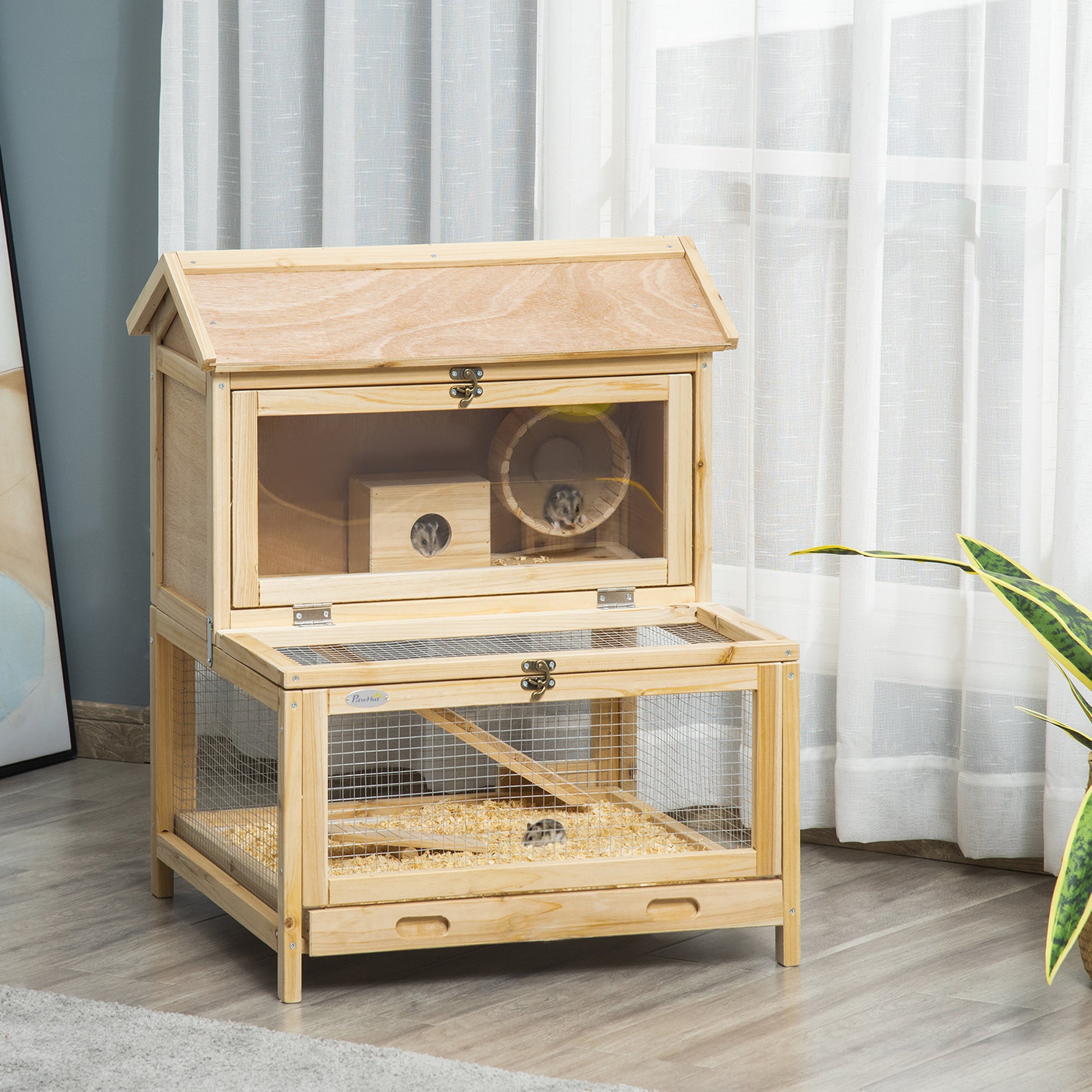 PawHut Hamster House, Wooden, Mice Rodent Small Animals Hutch Double Layers Exercise Play House 63.5 x 62 x 78 cm Natural 