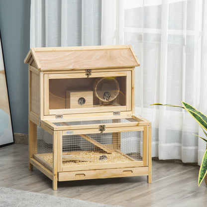 PawHut Hamster House, Wooden, Mice Rodent Small Animals Hutch Double Layers Exercise Play House 63.5 x 62 x 78 cm Natural 