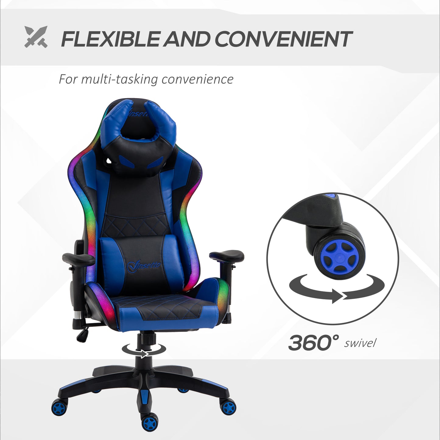 Ergonomic Gaming Chair with RGB LED Light, Lumbar Support, Gamer Recliner, Blue