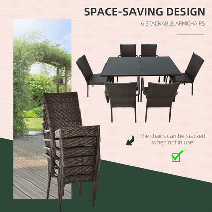 7PC Rattan Dining Set  6 Wicker Weave Chairs & Tempered Glass Top Dining Table  6 Seater Outdoor Backyard Furniture Brown