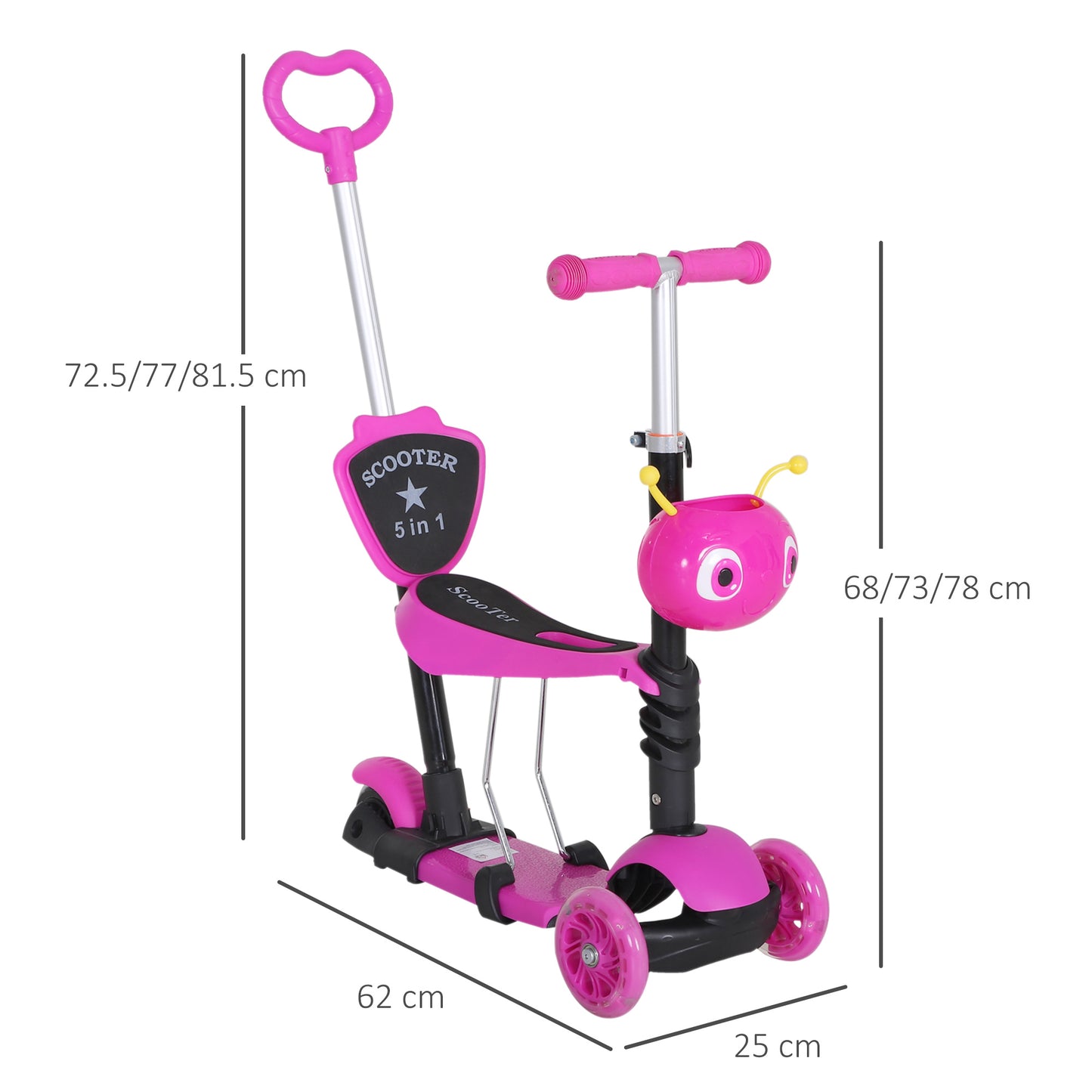 Mini Micro Scooter 3 in 1, 3 Wheels, Kids Kick Scooter W/Removable Seat-Pink