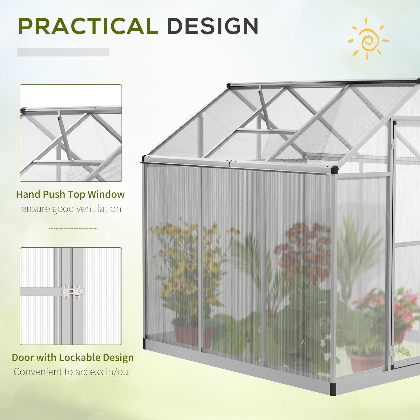 Greenhouse w/Sliding Door Window Glavanized Base 4mm PC Panels Aluminium Frame 195x182cm Outdoor