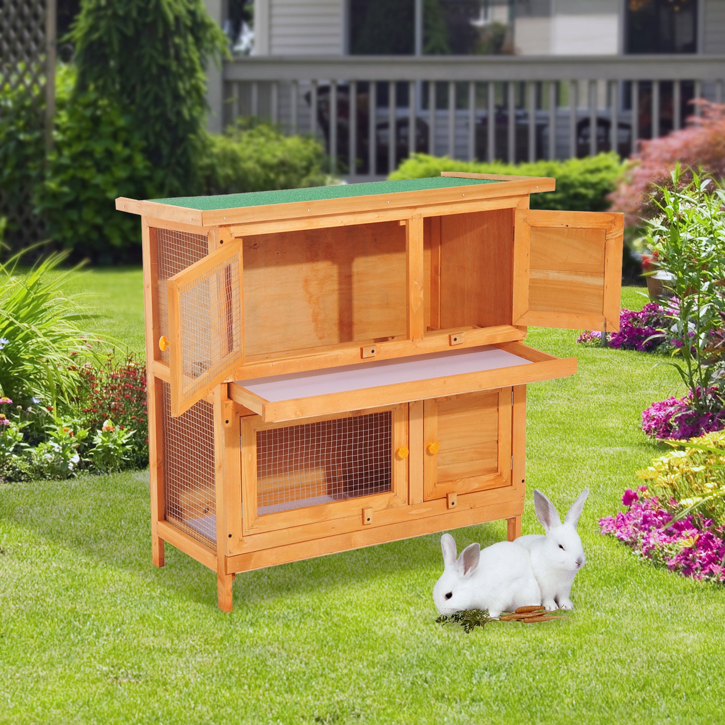 Pawhut Rabbit House, 90cm 2 Tiers, Wooden Pet Cage W/ Run Bunny House 