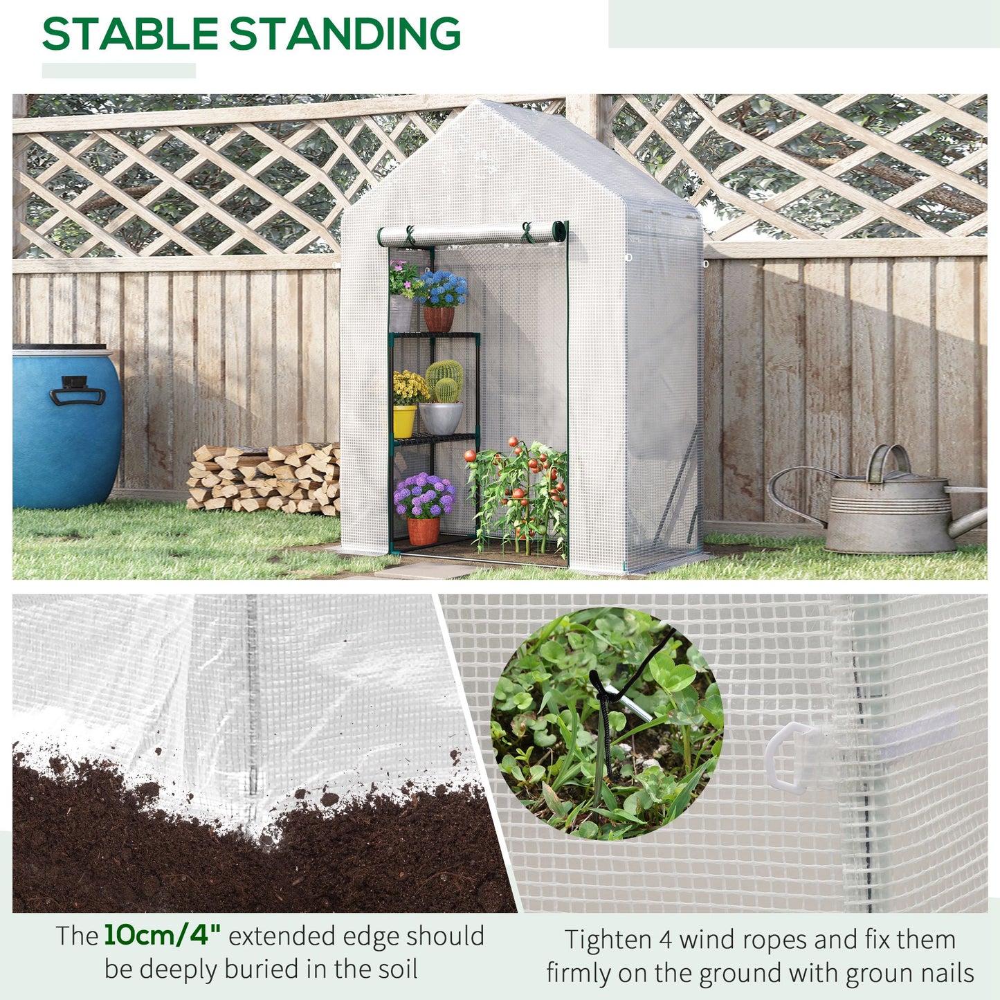 Greenhouse for Outdoor Portable Gardening Plant Grow House w/ 2 Tier Shelf Roll-Up Zippered Door PE Cover 143 x 73 x 195cm