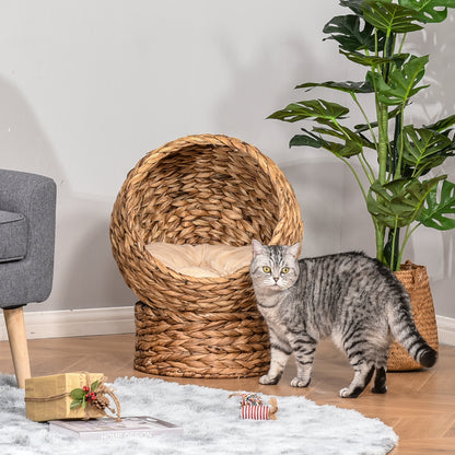 Cat Basket, Woven Banana Leaf Elevated Basket Bed w/ Cushion Brown