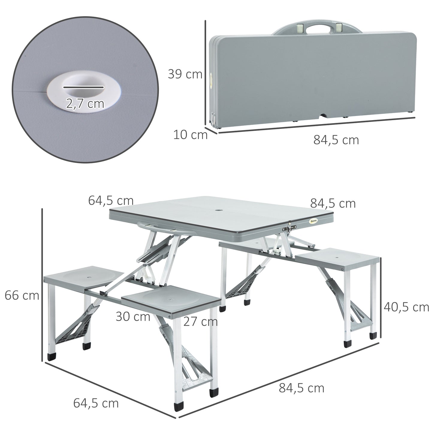 Aluminium PP  4-Seater Portable Picnic Table and Bench Set Silver