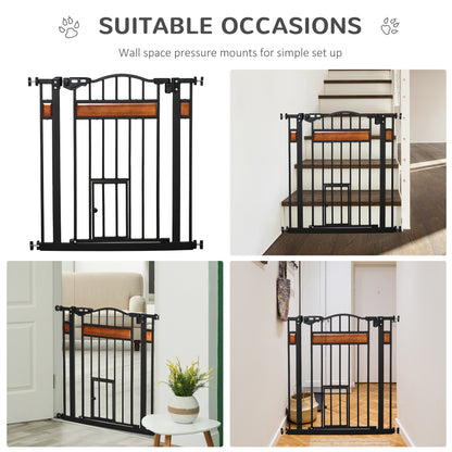 Dog Safety Gate with Cat Door, Auto Close Double Locking Pine Wood Decoration, for Doorways Stairs Indoor, 74-80 cm Wide, Black