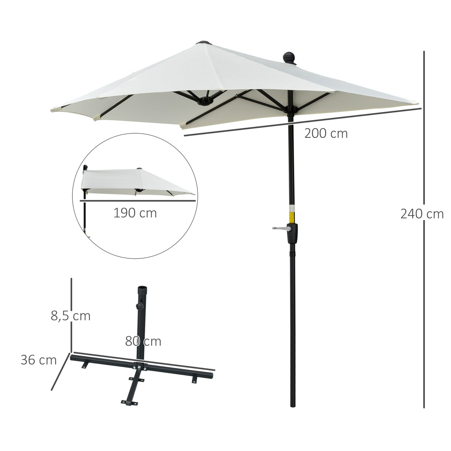 2m Half Parasol Market Umbrella Garden Balcony Parasol with Crank Handle, Cross Base, Double-Sided Canopy, Cream White