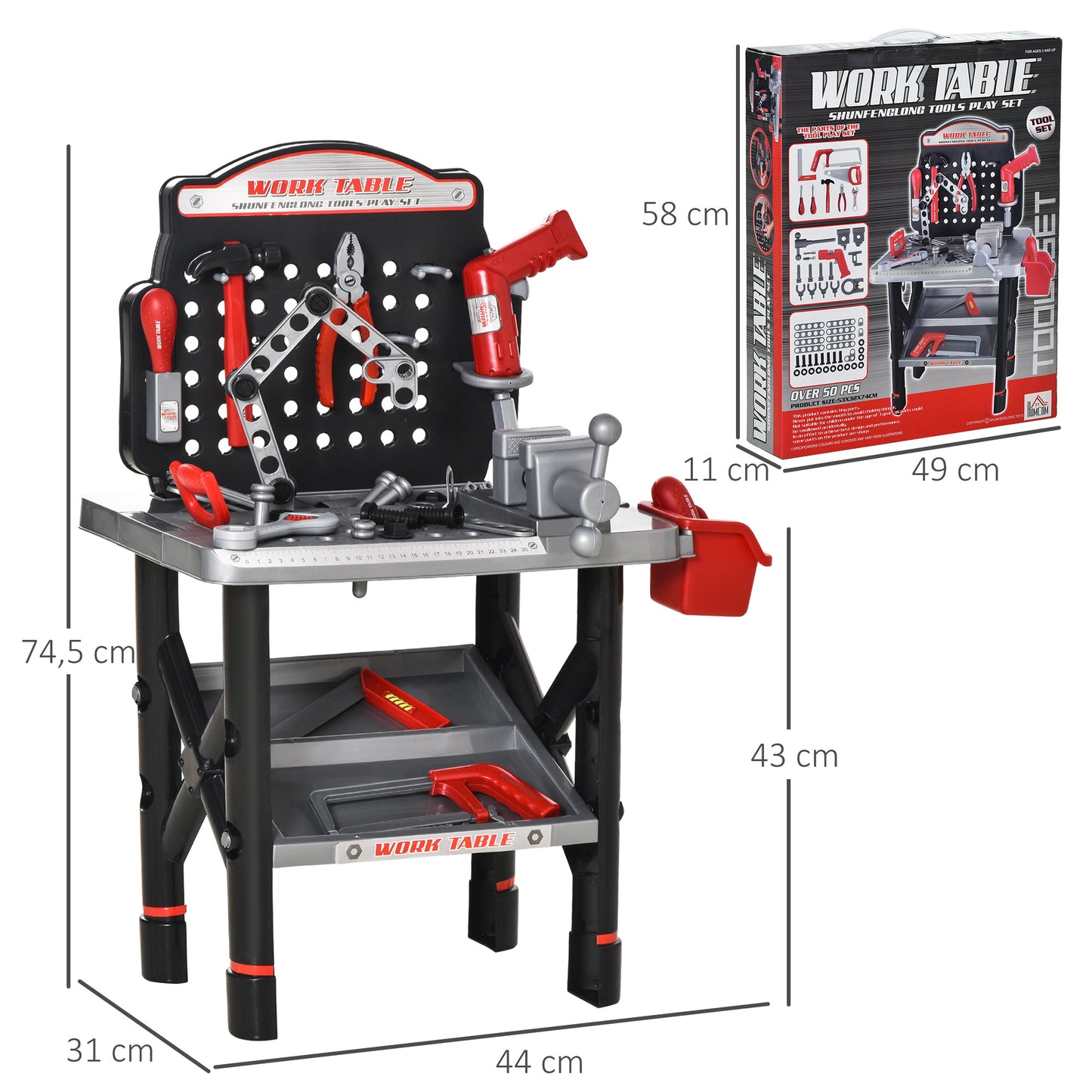Tool Bench, Toy Workbench, Toddler Tools Workshop w/ Shelf Storage Box, Electric Drill 3-6 Years Old
