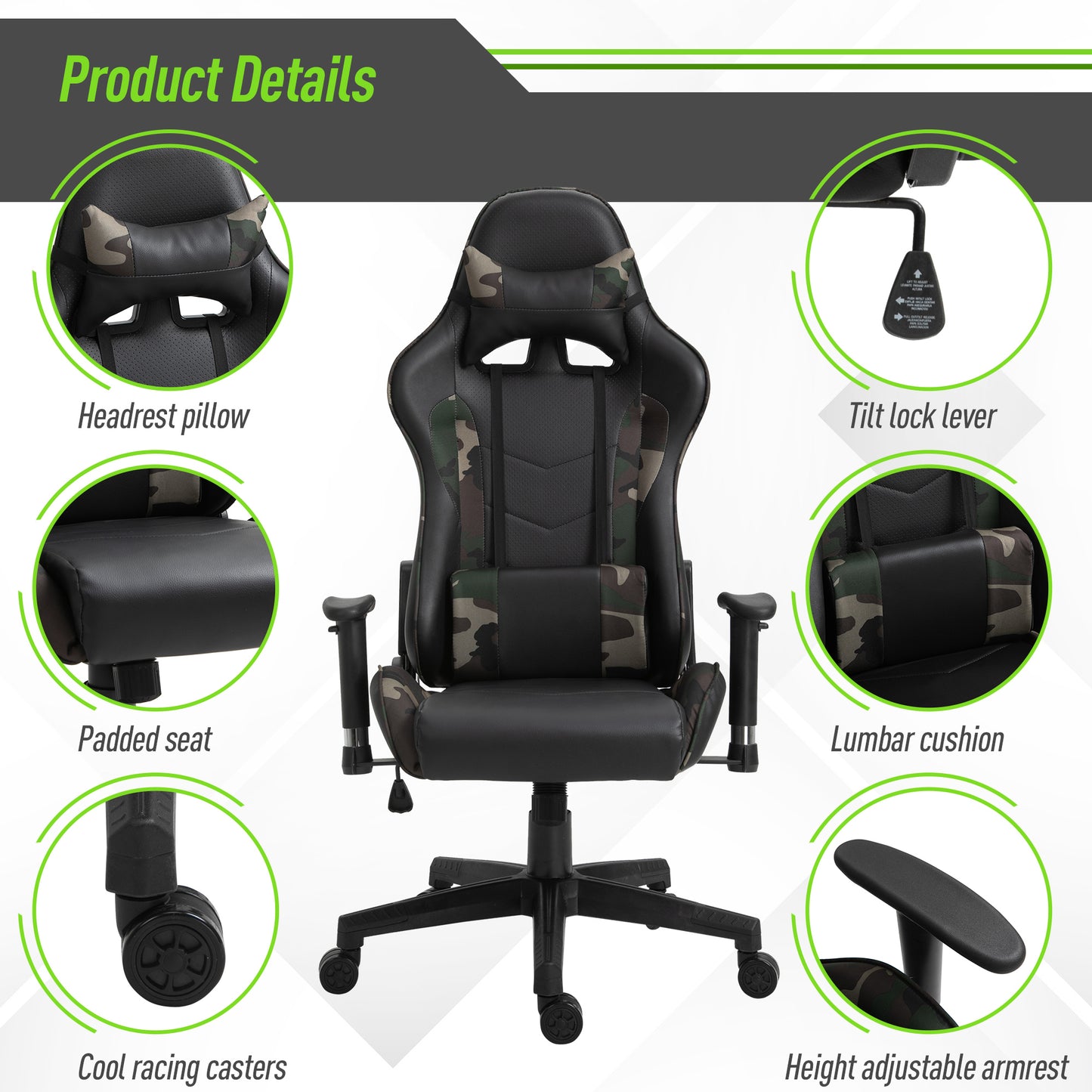 Reclining Gaming Chair, Ergonomic, w/Vibrating Lumbar Support, Headrest, High Back PU Leather , 360° Swivel, Black