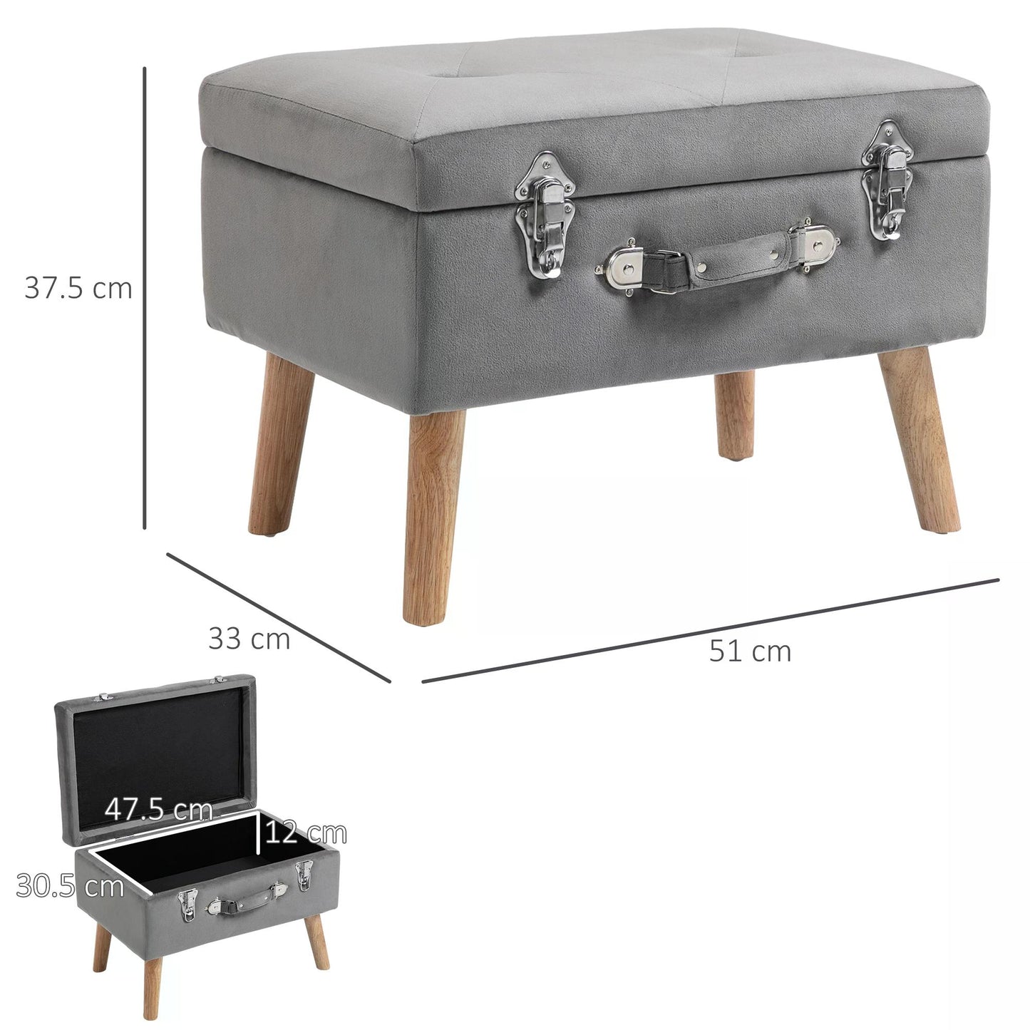 Grey Ottoman with Storage, Faux Velvet Upholstered Trunk w/ Wooden Legs