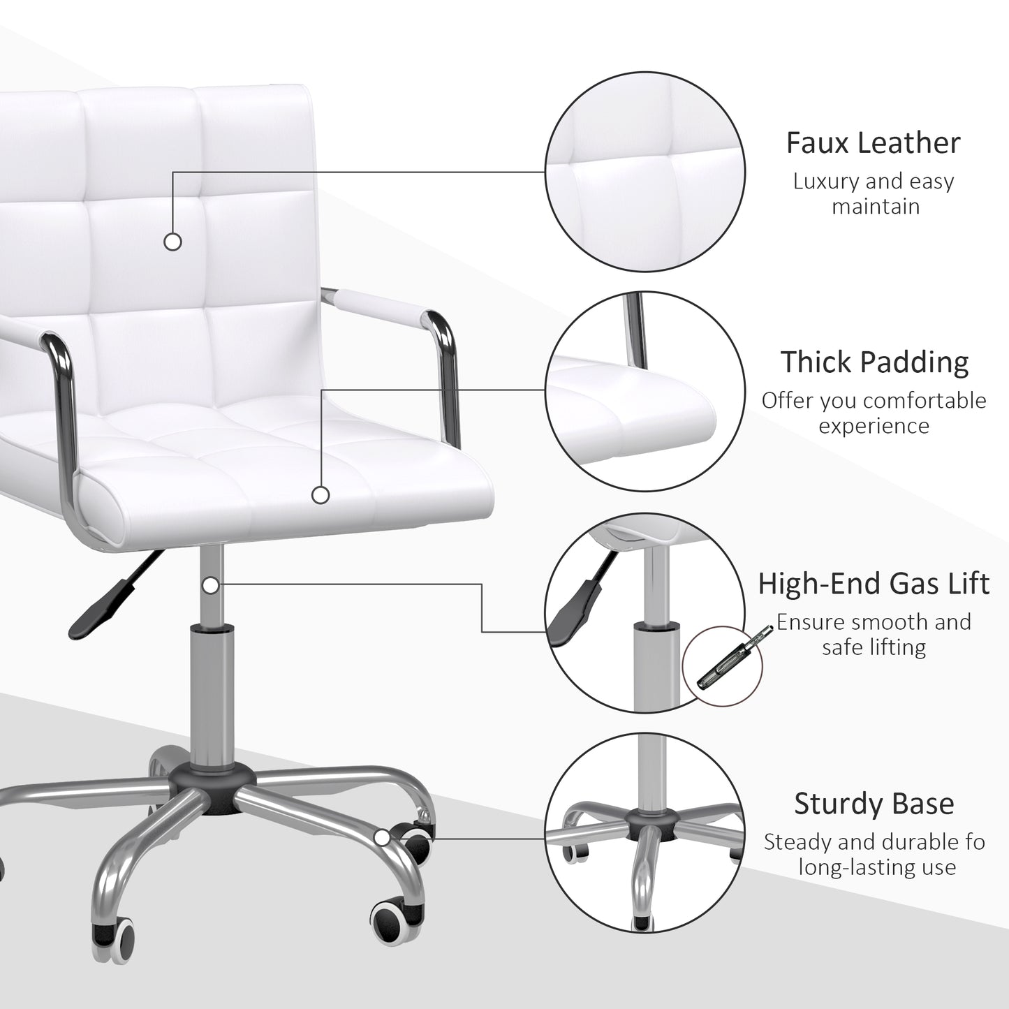 Meeting Chair, Mid Back PU Leather Home Office Desk Chair Swivel with Arm, Wheels, Adjustable Height, White