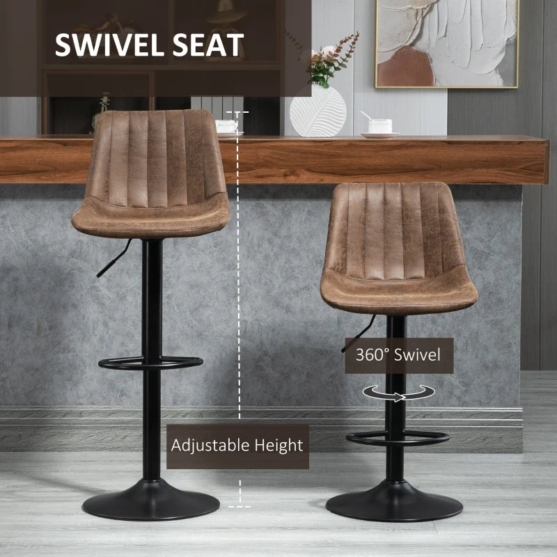 Brown Leather Bar Stools, Armless, Upholstered, Large Round Base, 360° Swivel with Footrest for Home Pub