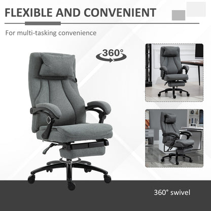 Office Chair with Footrest, Two-Point Massage Pillow, 130° Reclining, Linen, Adjustable Height, Grey