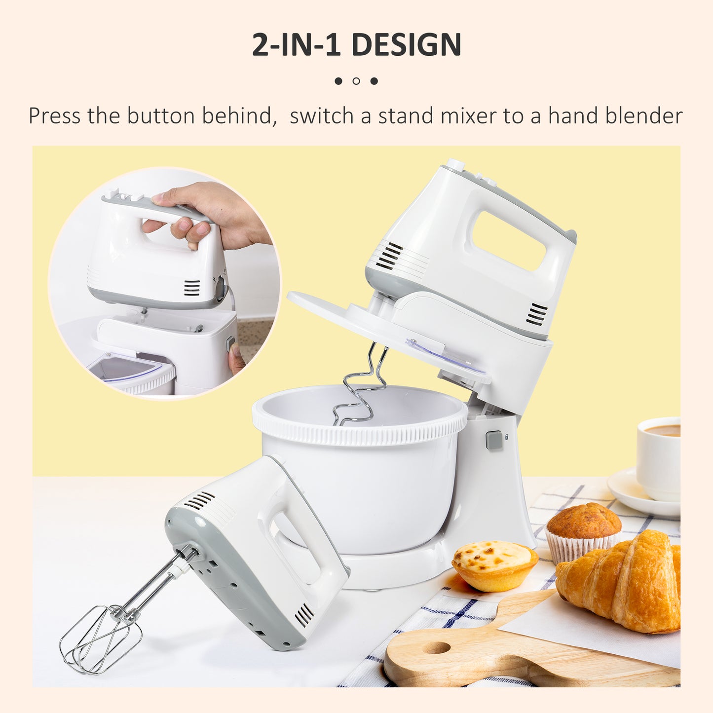 Electric Stand and Hand Blender with 6 Speed, Electric Hand Whisk, 3.4 Litre Mixing Bowl, Whisk, Dough Hooks and Beater