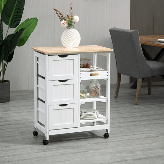 HOMCOM Rolling Kitchen Island Cart, Bar Serving Cart, Compact Trolley on Wheels with Wood Top, Shelves & Drawers White 