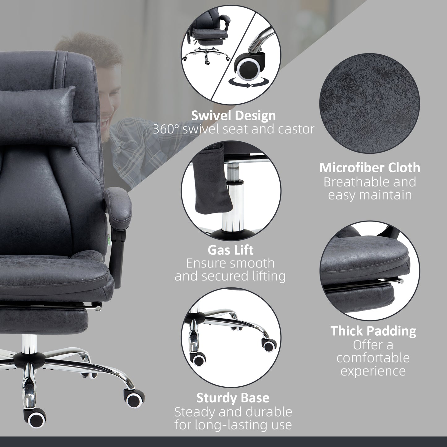 Executive Office Chair, Massage Office Chair, Office Chair, w/Headrest, Footstool, 135° Reclining, 360° Swivel Dark Grey