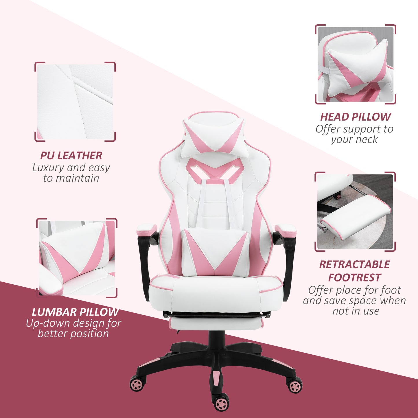 Pink Gaming Chair with Footrest, Office Desk Chair Adjustable Height Recliner w/Wheels, Headrest, Lumbar Support