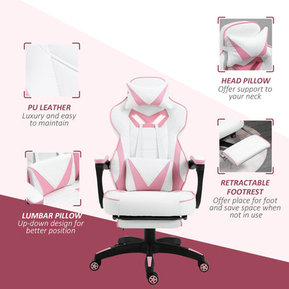 Pink Gaming Chair with Footrest, Office Desk Chair Adjustable Height Recliner w/Wheels, Headrest, Lumbar Support