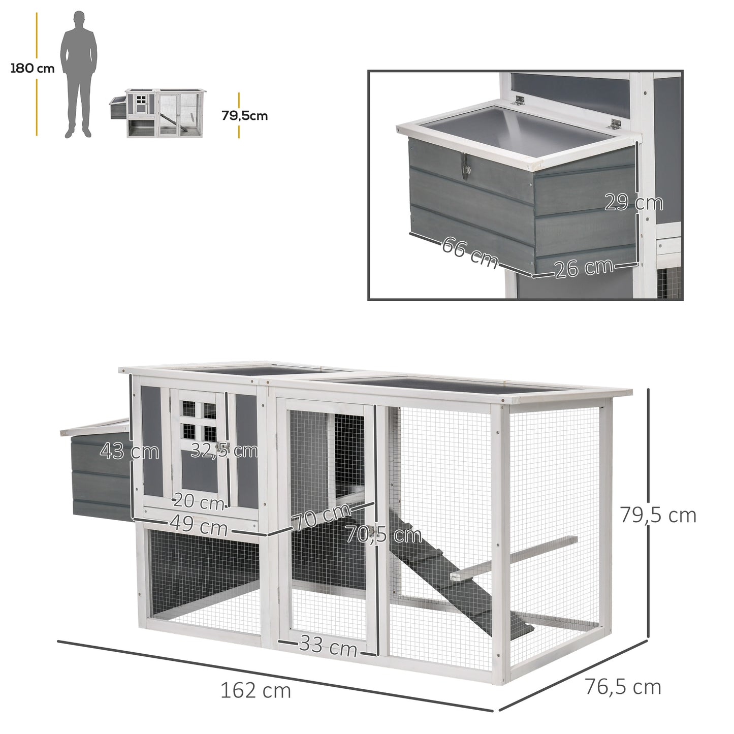 Deluxe Chicken Coop Hen House Wooden Poultry Cage w/ Outdoor Run Nesting Box Removable Tray 162 x 76.5 x 79.5cm