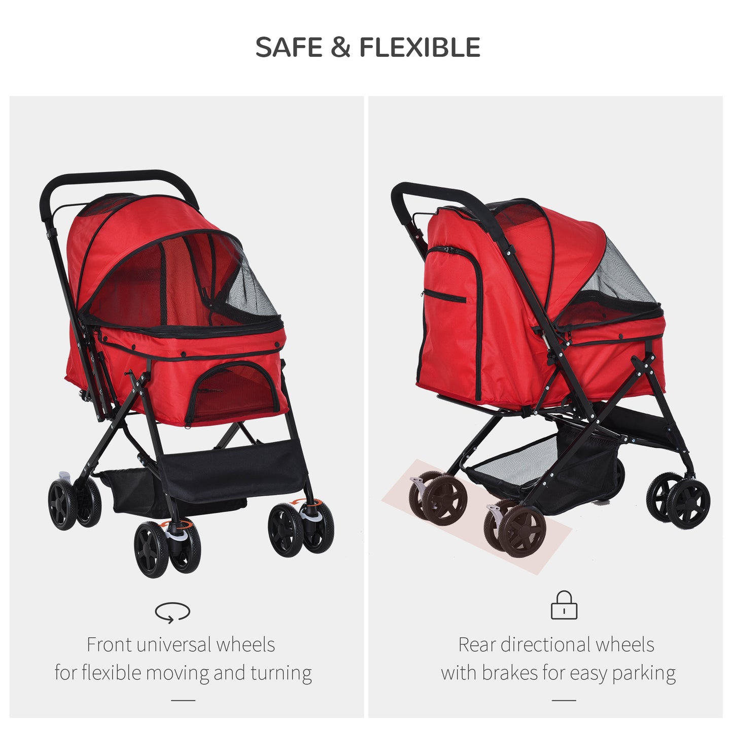 Pet Stroller Dog Cat Travel Pushchair Foldable Jogger with Reversible Handle EVA Wheel Brake Basket Adjustable Canopy Red